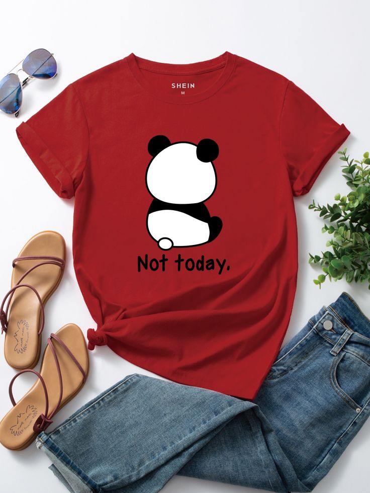 Red t-shirt with panda graphic and 'Not today.' text for women
