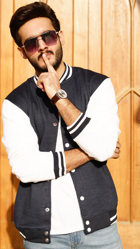 Navy Blue Varsity Jacket with Cream Sleeves