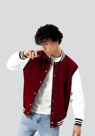 Maroon and white varsity jacket