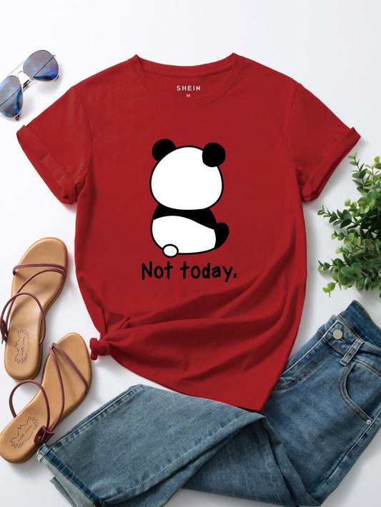 Red t-shirt with panda graphic and 'Not today.' text for women