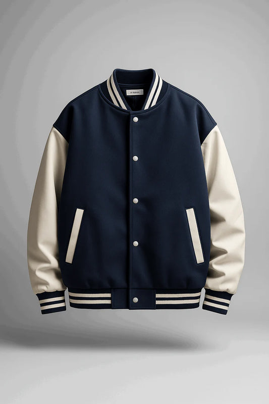 Navy Blue Varsity Jacket with Cream Sleeves