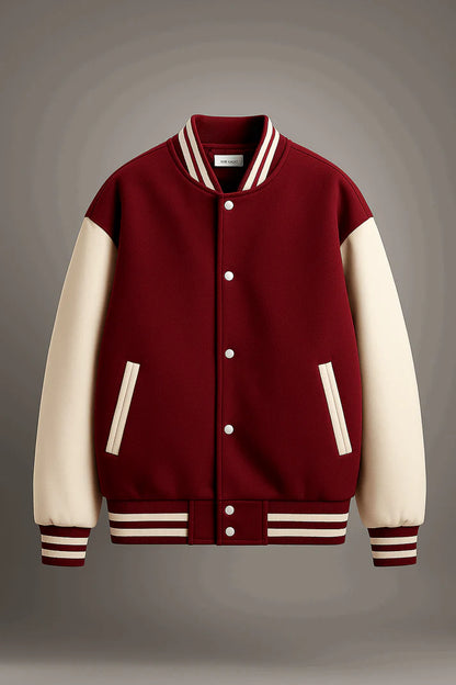 Maroon and white varsity jacket