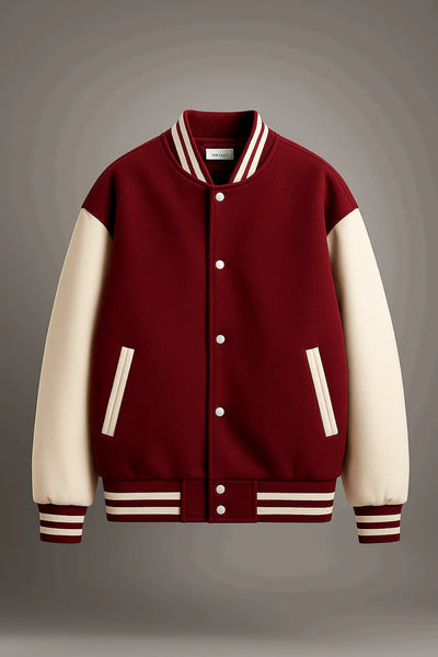 Maroon and white varsity jacket
